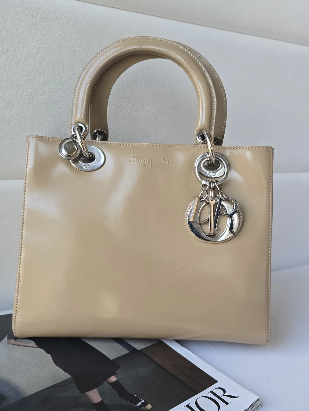 Dior Beige Patent Lady Dior Tote + COA